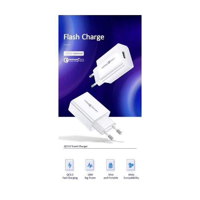 USAMS laidinis įkroviklis 1xUSB T22 18W 3A QC3.0 (tik galvutė) greitas įkrovimas baltos spalvos CC83TC01 (US-CC083)