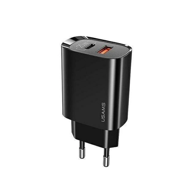 USAMS Laidinis įkroviklis 1xUSB-C + 1xUSB T35 20W (only head) PD3.0 + QC3.0 Fast Charging juodos spalvos CC121TC02