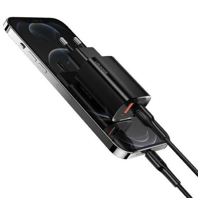 USAMS Laidinis įkroviklis 1xUSB-C + 1xUSB T35 20W (only head) PD3.0 + QC3.0 Fast Charging juodos spalvos CC121TC02