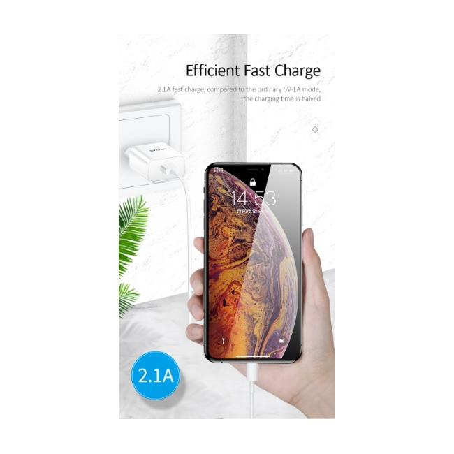USAMS laidinis įkroviklis 1xUSB T18 2,1A(only head) balta/baltos spalvos Fast Charging CC075TC01