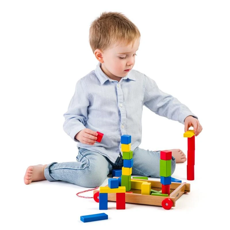 Woody 90007 Eco Wooden Mokomasis vežimėlis su spalvotais blokeliais statybai (34vnt) vaikams nuo 3 metų (20x15cm)