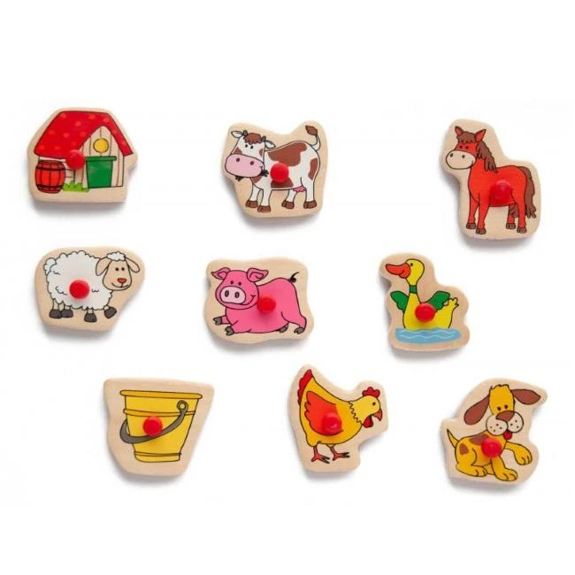 Dėlionė Woody 91184 Eco mediniai mokomieji ir linksmi galvosūkiai-antspaudai – Ūkio gyvūnai (10 vnt.) 3 metų ir vyresniems vaikams (30x21cm)