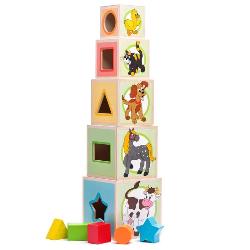 Woody 95005 Eco Wooden Mokomieji staklės su paveikslėliais ir skaičiais rūšiavimo forma (10 vnt.) vaikams nuo 3 metų (10,6x41 cm)