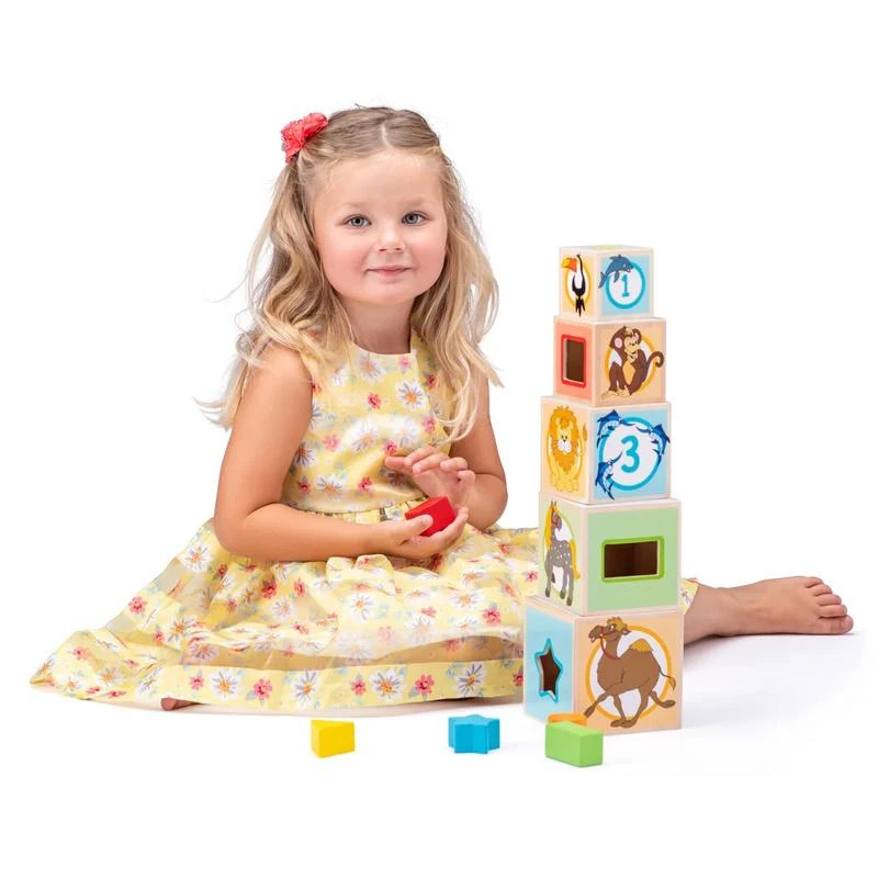 Woody 95005 Eco Wooden Mokomieji staklės su paveikslėliais ir skaičiais rūšiavimo forma (10 vnt.) vaikams nuo 3 metų (10,6x41 cm)