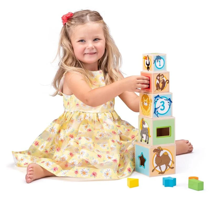 Woody 95005 Eco Wooden Mokomieji staklės su paveikslėliais ir skaičiais rūšiavimo forma (10 vnt.) vaikams nuo 3 metų (10,6x41 cm)