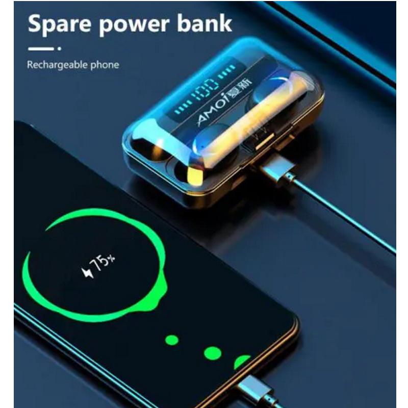 „WoW 5C Super-Fit TWS Bluetooth 5.1“ ausinės su HD mikrofonu, LED įkrovimu, USB įkrovikliu, juodos