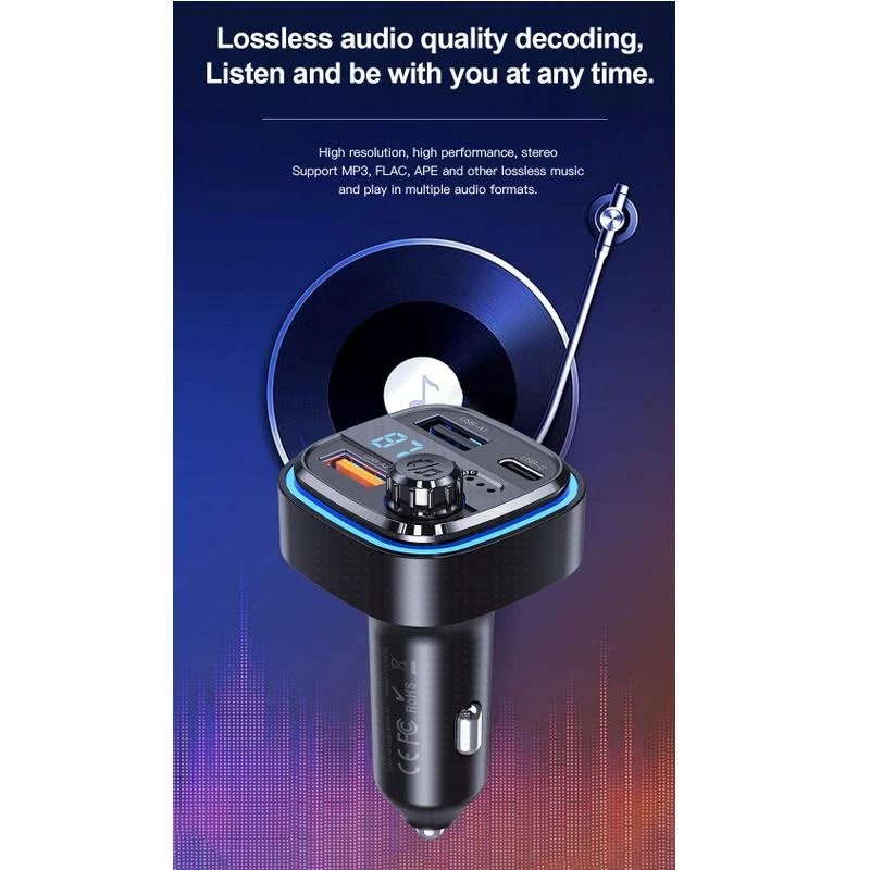 Automobilinis įkroviklis / FM siųstuvas XO BCC08 USB x2, USB-C, MP3, Bluetooth 5.0 (juodas)