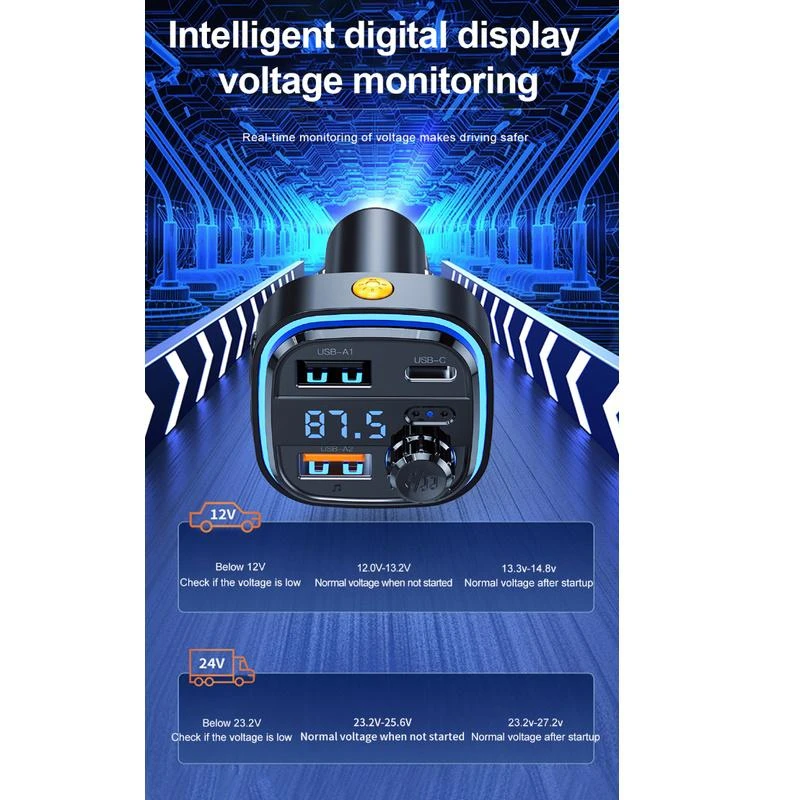 Automobilinis įkroviklis / FM siųstuvas XO BCC08 USB x2, USB-C, MP3, Bluetooth 5.0 (juodas)