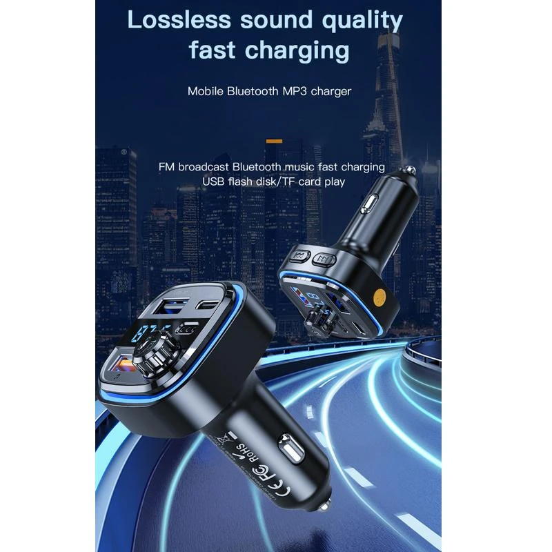 Automobilinis įkroviklis / FM siųstuvas XO BCC08 USB x2, USB-C, MP3, Bluetooth 5.0 (juodas)