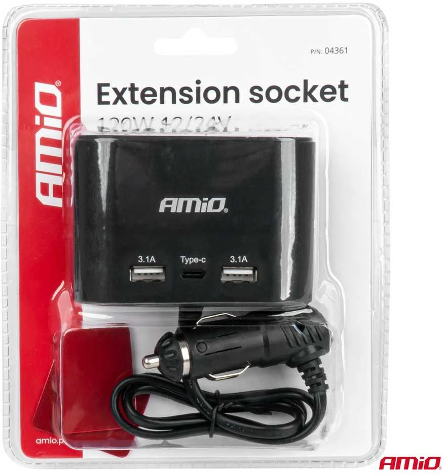 Amio Cigarečių lizdo skirstytuvas su įkrovikliu 2x USB-A 1x USB-C 12V 24V 120W 70cm