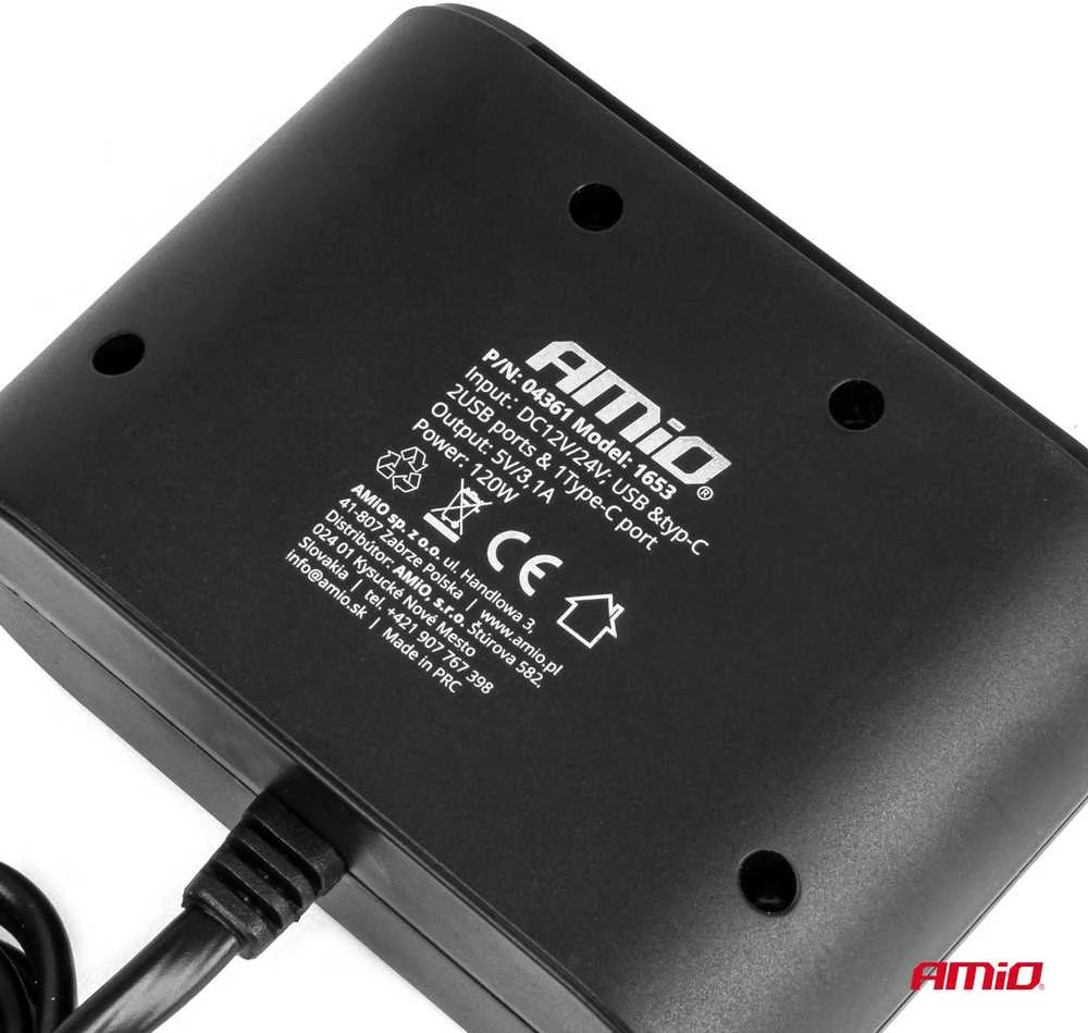 Amio Cigarečių lizdo skirstytuvas su įkrovikliu 2x USB-A 1x USB-C 12V 24V 120W 70cm