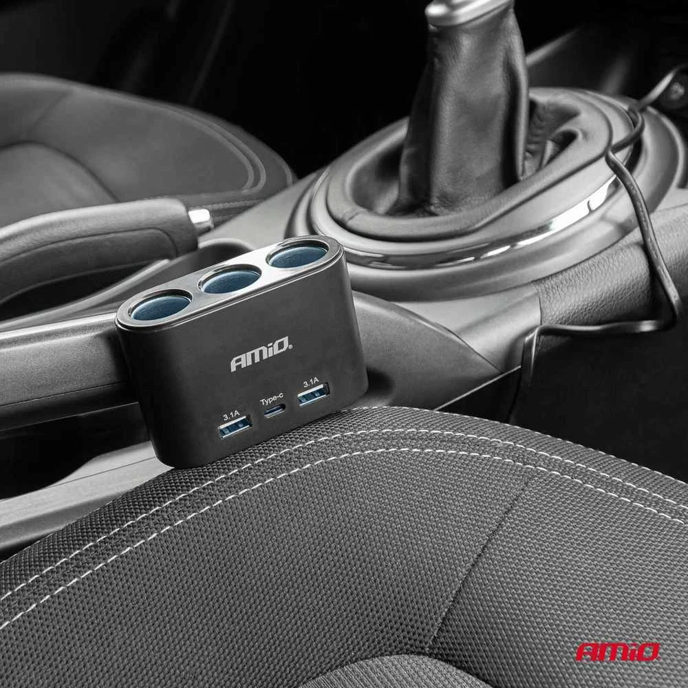 Amio Cigarečių lizdo skirstytuvas su įkrovikliu 2x USB-A 1x USB-C 12V 24V 120W 70cm