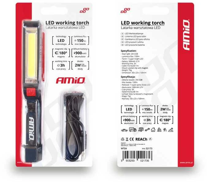 Amio LED serviso lempa žibintas 150lm 168mm su įkraunama baterija