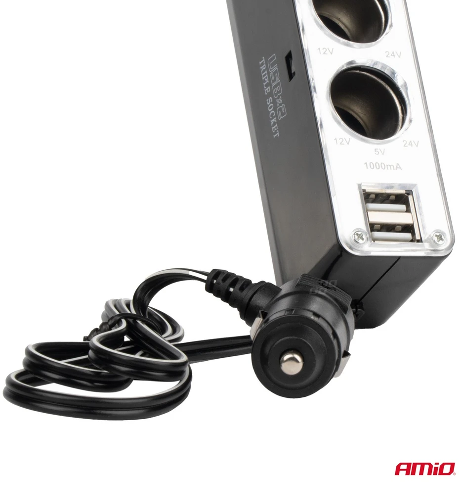 Automobilinio pridegiklio lizdo šakotuvas AMiO SOC3 3in1 12V/24V su USB jungtimi