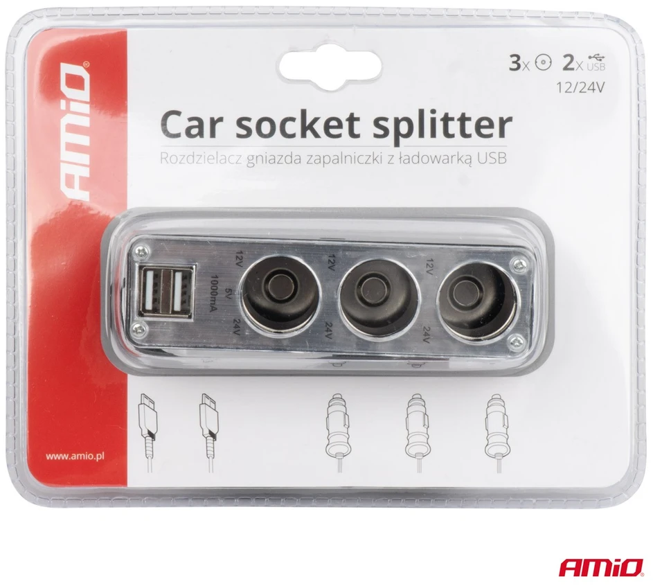 Automobilinio pridegiklio lizdo šakotuvas AMiO SOC3 3in1 12V/24V su USB jungtimi