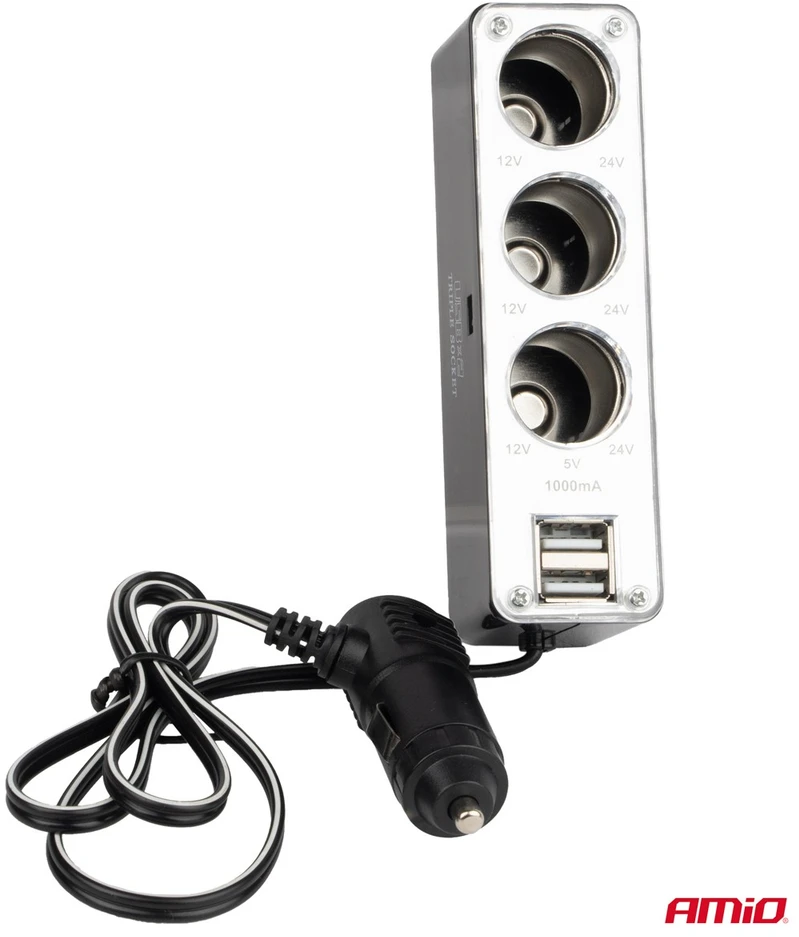 Automobilinio pridegiklio lizdo šakotuvas AMiO SOC3 3in1 12V/24V su USB jungtimi