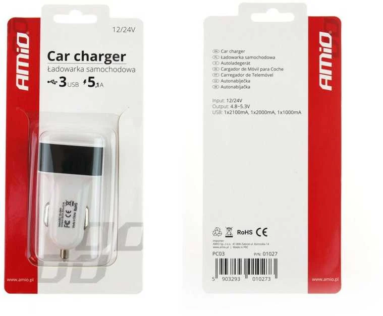 Įkroviklis AMiO PCH-03 3x USB-A 2.1 A (AMI -01027)