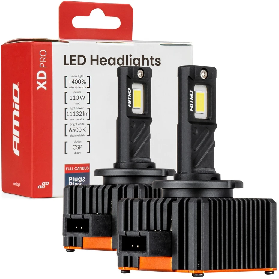 LED lemputės D1S / D1R AMiO XD PRO 12V/24V 110W 11132lm 6500K (2 vnt., Full Canbus dekoderis)