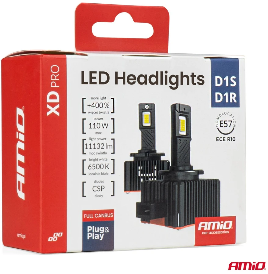 LED lemputės D1S / D1R AMiO XD PRO 12V/24V 110W 11132lm 6500K (2 vnt., Full Canbus dekoderis)
