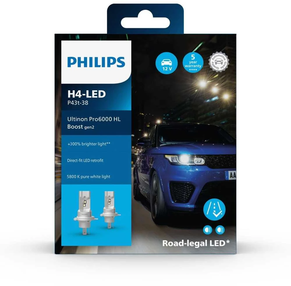 LED lemputės H4 Ultinon Pro6000 Philips I Legalios keliuose +300% | 11342U60B2X2