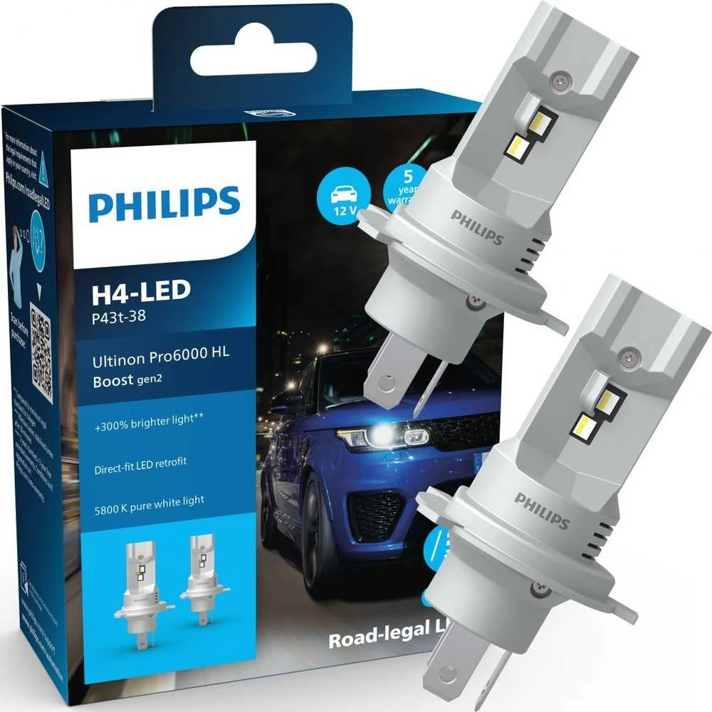 LED lemputės H4 Ultinon Pro6000 Philips I Legalios keliuose +300% | 11342U60B2X2