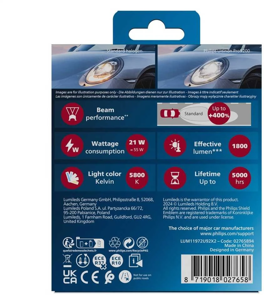 LED lemputės H7 12/24V Philips Ultinon Pro9200 HL +400%