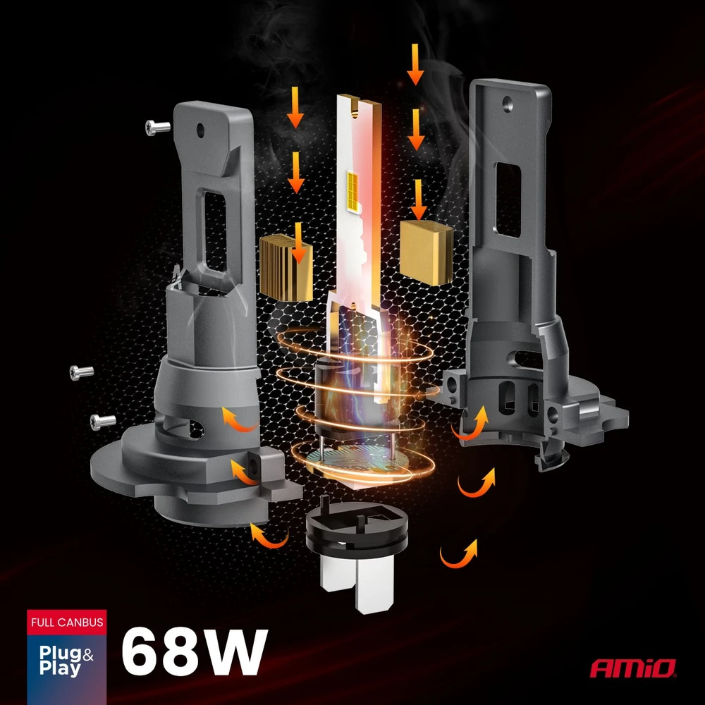 LED lemputės H7 AMiO F25 PRO Juodas 12V/24V 68W 7646lm 6000K (2 vnt., Full Canbus)