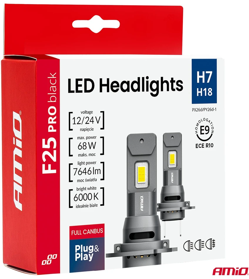 LED lemputės H7 AMiO F25 PRO Juodas 12V/24V 68W 7646lm 6000K (2 vnt., Full Canbus)