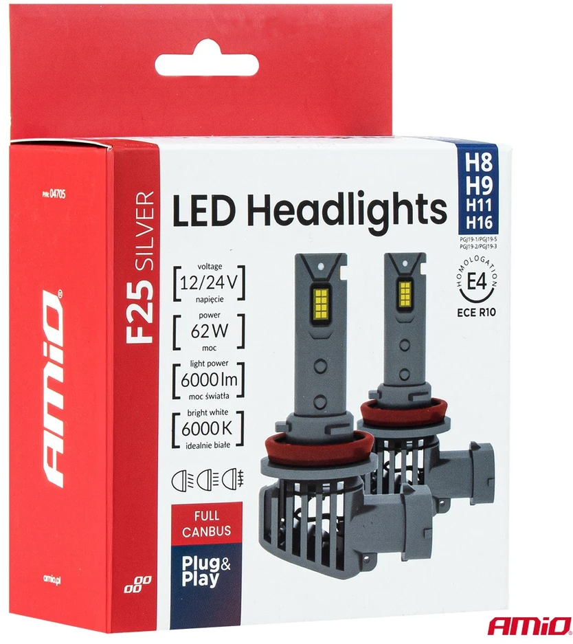 LED lemputės H8 / H9 / H11 / H16 AMiO-04705 F25 Sidabrinis 12V/24V 62W 6000K (2 vnt., Full Canbus)