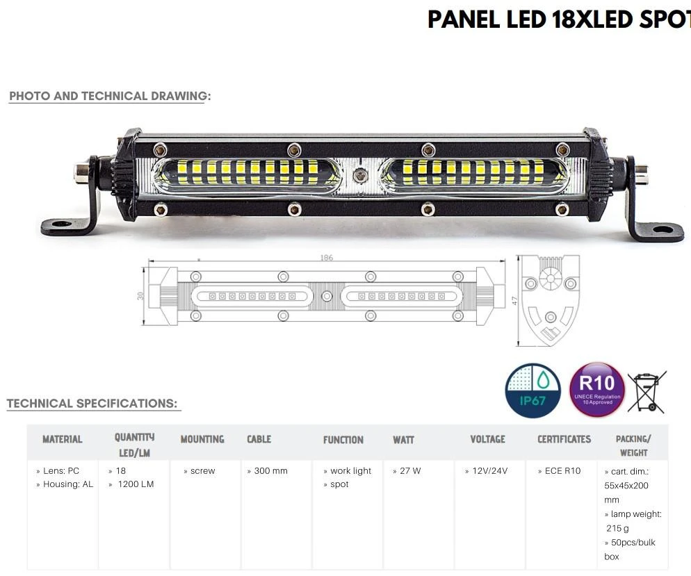 M-TECH LED Žibintas Bar 27W 12V-24V Spot 186mm