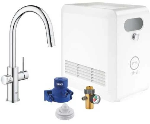 virtuves izlietnes maisītājs Grohe Mėlyna Professional (filtras + gāzēts), C-veida iztece, hroms