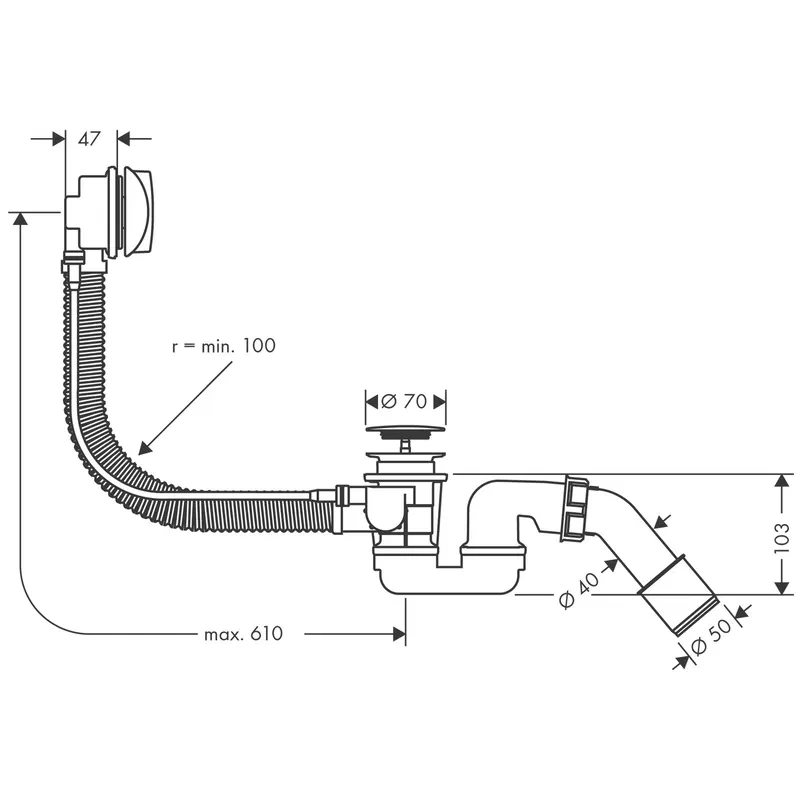 Vandens sifono komplektas voniai Hansgrohe Flexaplus 58143000, 70 x 40/50 mm