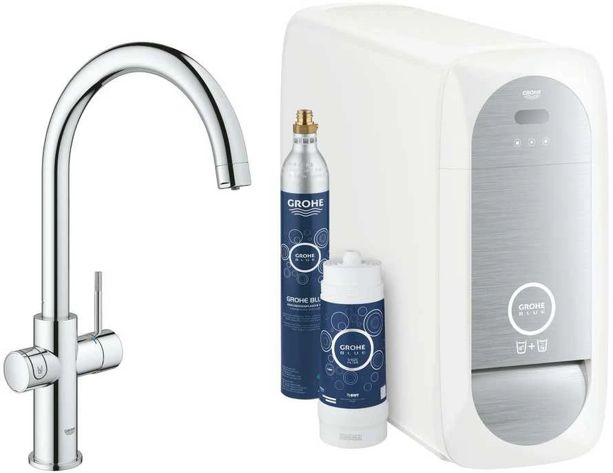 virtuves izlietnes maisītājs ar filtru Grohe Mėlyna Home, C-veida iztece, hroms
