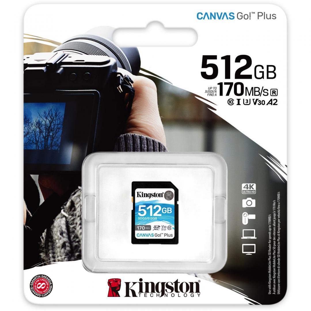 Atminties kortelė Kingston SDXC Canvas Go Plus 512GB 170R C10 UHS-I U3 V30