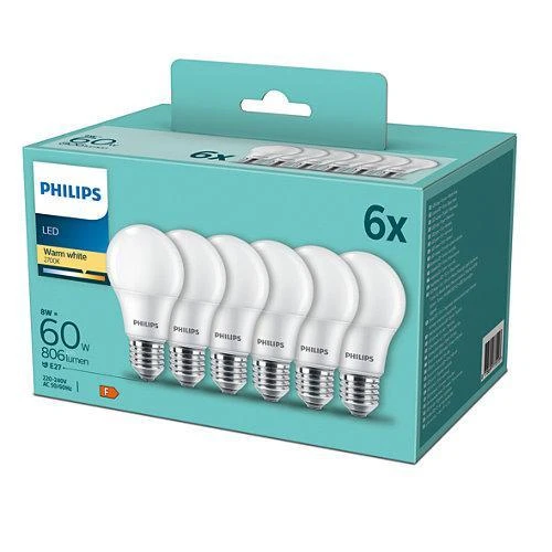 LED lemputė PHILIPS, A60, 8W (=60W), E27, 2700K, 806 lm, NON-DIM, šiltai baltos spalvos, 3vnt.
