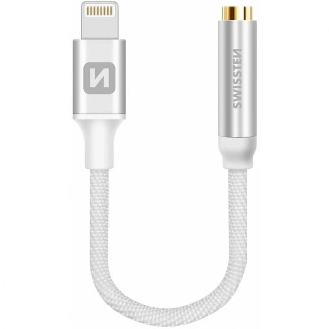 Phone Accessories Swissten / Lightning garso adapteris prie lizdo 3,5 mm, tekstilė, ilgis 15 cm, sidabras