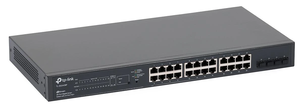 Šakotuvas TP-LINK | „JetStream“ 28 prievadų gigabito išmanusis komutatorius | TL-SG2428P | Valdomas žiniatinklyje | Montuojamas prie stovo | SFP jungčių kiekis: 4 | PoE+ jungčių kiekis: 24 | Maitinimo šaltinio tipas: vienas