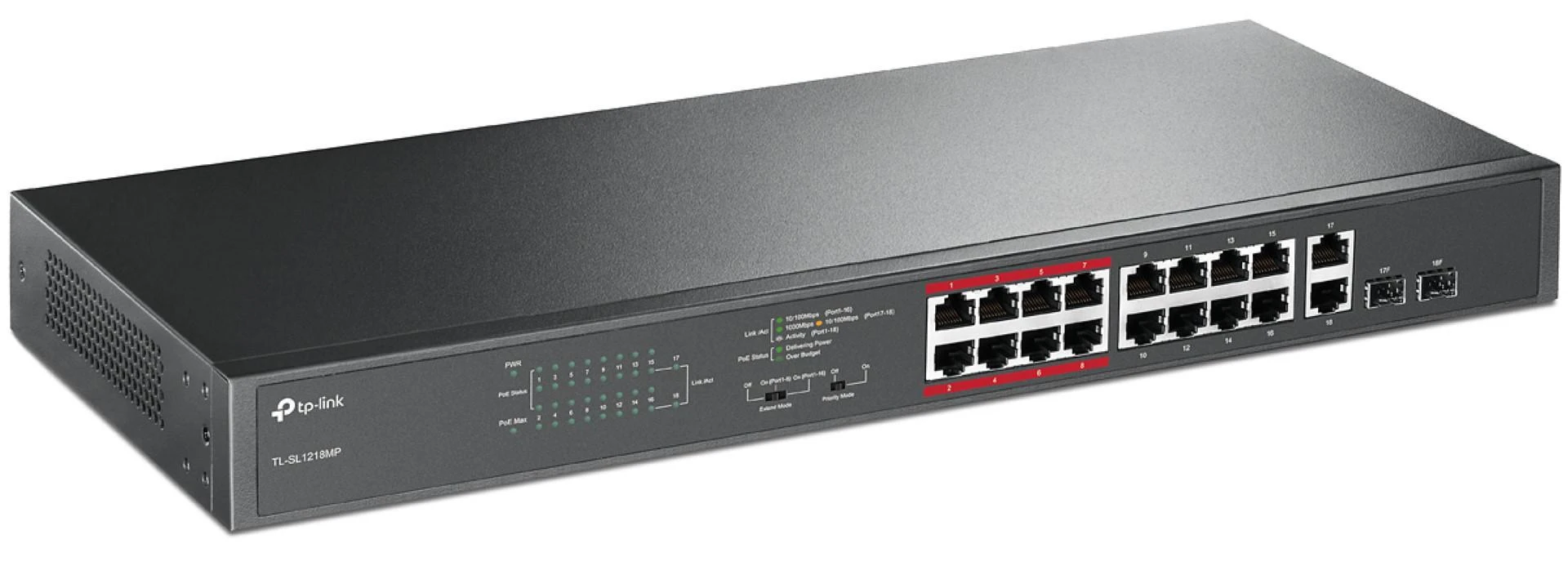 Šakotuvas TP-LINK 16 prievadų 10/100Mbps PoE+ komutatorius, 16 10/100Mbps RJ45 prievadų, 2 gigabito RJ45 prievadai, 2 mišrūs SFP lizdai, 802.3at/af, 192 W PoE