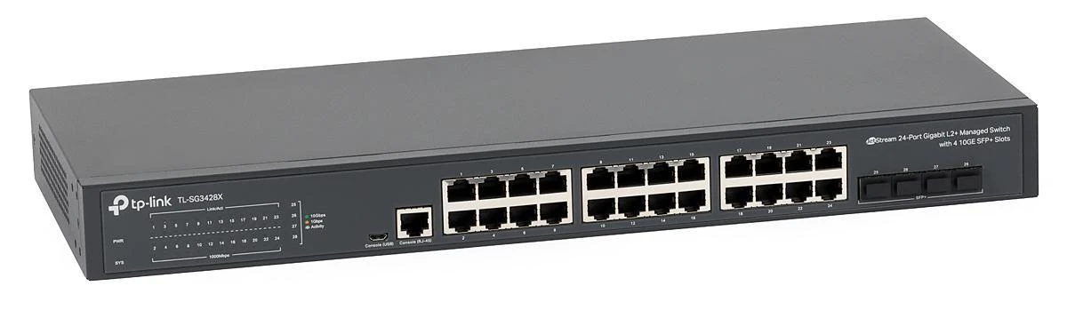 Šakotuvas TP-LINK | 24 prievadų 10/100/1000 Mbps stalinio kompiuterio tinklo jungiklis | SG3428X | Tvarkoma L2+ | Montuojamas ant stovo | SFP+ jungtys kiekis 4 | Maitinimo tipas Išorinis