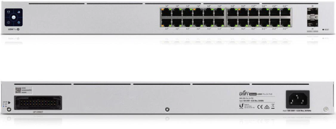 Maršrutizatorius UBIQUITI USW-Pro-24-POE UniFi komutatorius, 24 x 400 W, 24 gigabito RJ45 prievadai, 2 SFP+ prievadai, PoE++