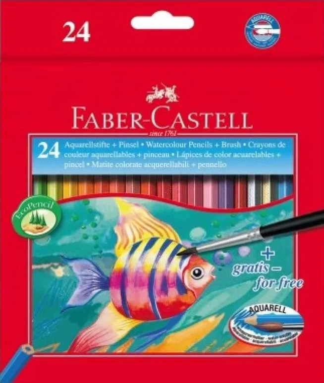 Spalvoti akvareliniai pieštukai su teptuku Faber-Castell Fish, 24 spalvos