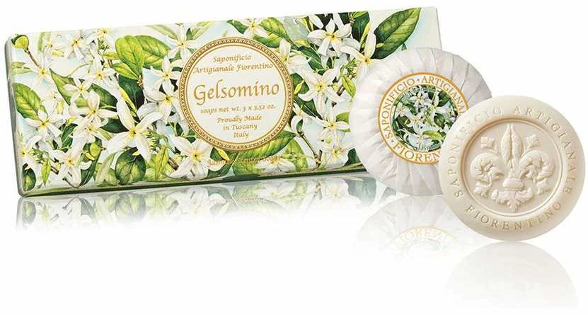 SAF FIORENTINO apvalių muilų su įspaudu rinkinys Jazminas, 3x100 g