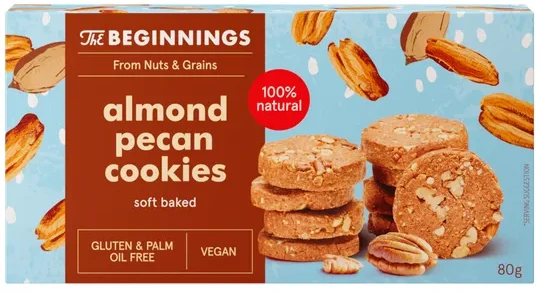 Veganiški migdoliniai sausainiai THE BEGINNINGS, su pekano riešutais, 80 g
