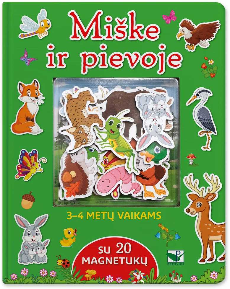 Knyga „Miške ir pievoje“ su 20 magnetukų. Skirta 3-4 metų vaikams.