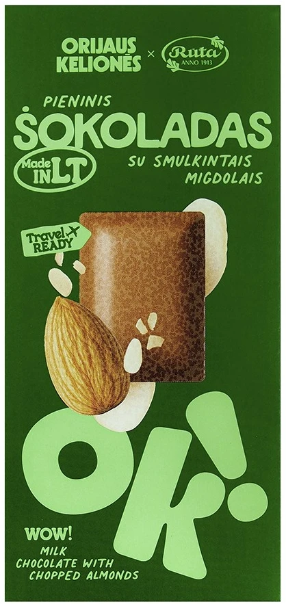 Rūta Pieninis šokoladas su smulkintais migdolais ORIJAUS KELIONĖS®, 70 g