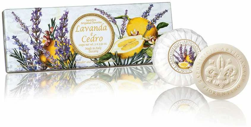 SAF FIORENTINO apvalių muilų su įspaudu rinkinys Levanda ir Kedras, 3x100 g