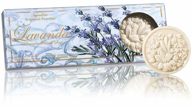 SAF FIORENTINO apvalių muilų su gėlių rašto įspaudu rinkinys Levanda, 3x125 g