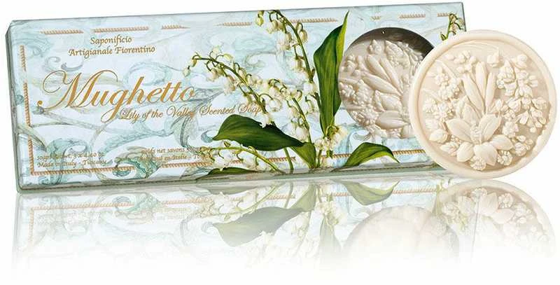 SAF FIORENTINO apvalių muilų su gėlių rašto įspaudu rinkinys Pakalnutė, 3x125 g