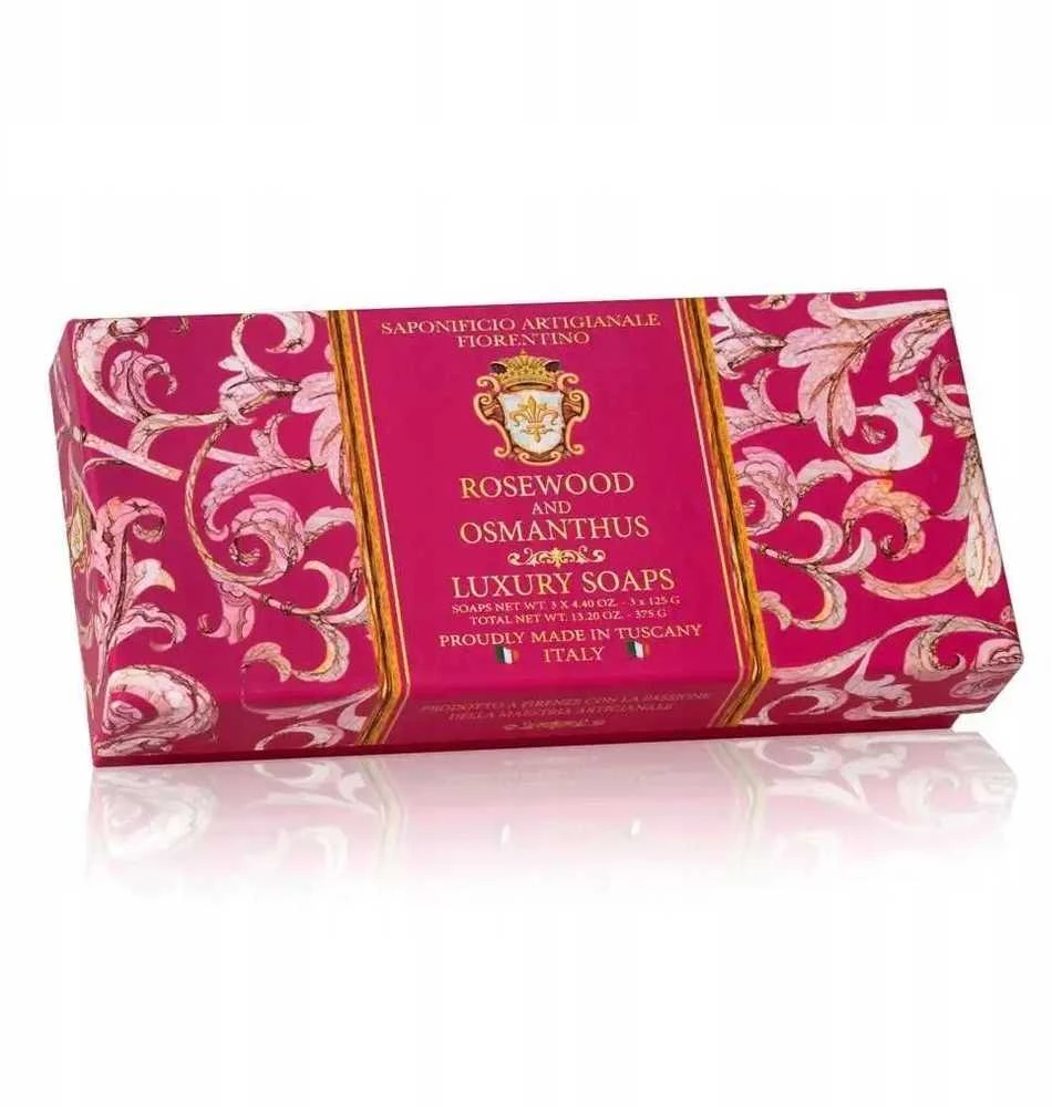 SAF FIORENTINO stačiakampių muilų su herbo įspaudu rinkinys Palisandras ir Kvepenė, 3x125 g