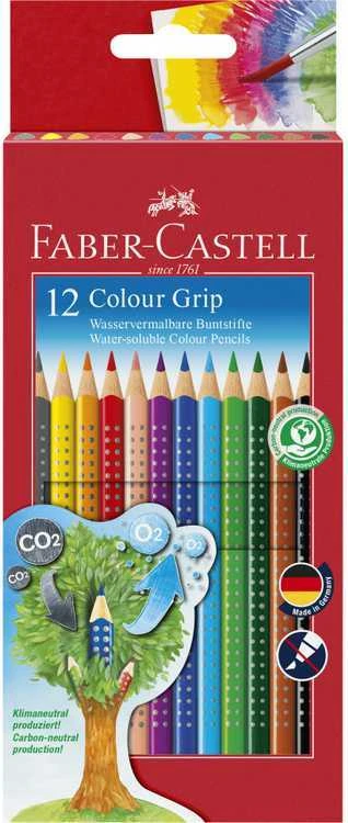 Spalvoti akvareliniai pieštukai Faber-Castell Grip, tribriauniai, 12 spalvų